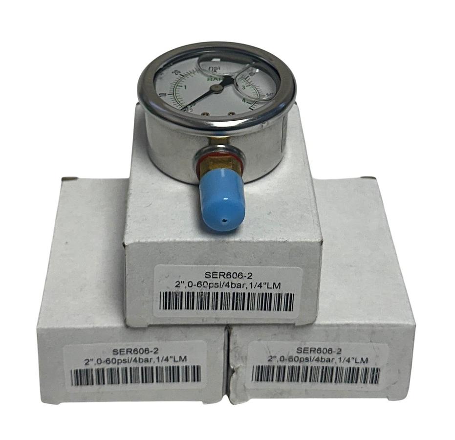 Used 3 SERFILCO SER606-2 / SER6062 LIQUID FILLED PRESSURE GAUGES 2'' 0-60PSI NSMP