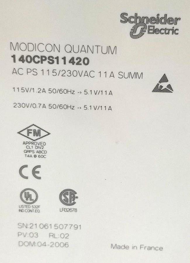 Used SCHNEIDER MODICON QUANTUM 140-CPS-114-20 PV:03 RL:02 AC POWER SUPPLY 140CPS11420