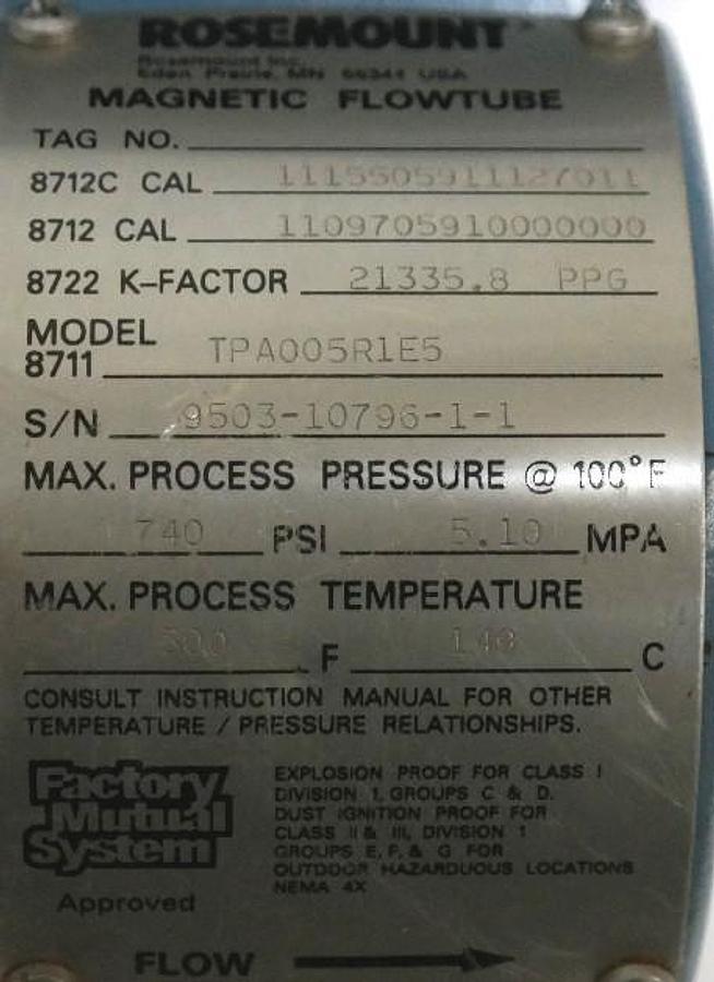 Used ROSEMOUNT 8711 MAGNETIC FLOWTUBE 8711TPA005R1E5, 740PSI 300F 5.10MPA