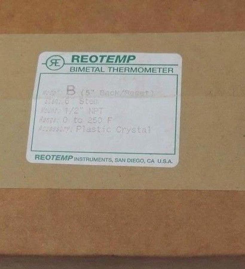 Used NIB REOTEMP MODEL B BIMETAL THERMOMETER (5" BACK/RESTET) RANGE: 0-250F STEM: 6''