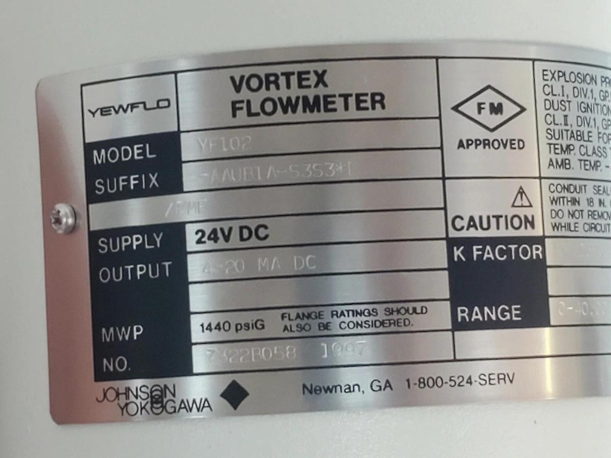 YOKOGAWA YF102-AAUB1A-S3S3-E /FMF YF102 VORTEX FLOWMETER 24V DC NEW