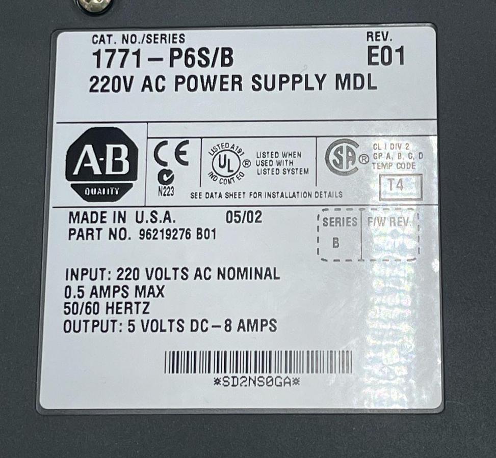 Used Allen-Bradley 1771-P6S/B Rev E01 Power Supply Module 220VAC PLC-5 96219276 B01
