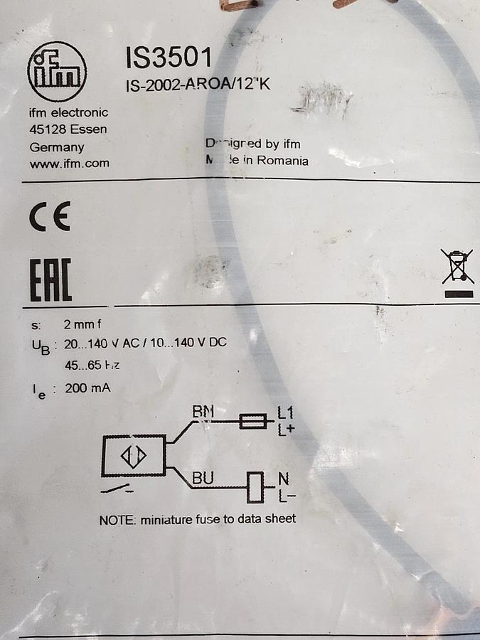 Used NEW IFM IS-2002-AROA/12"K INDUCTIVE SENSOR IS3501 2MM SENSING RANGE