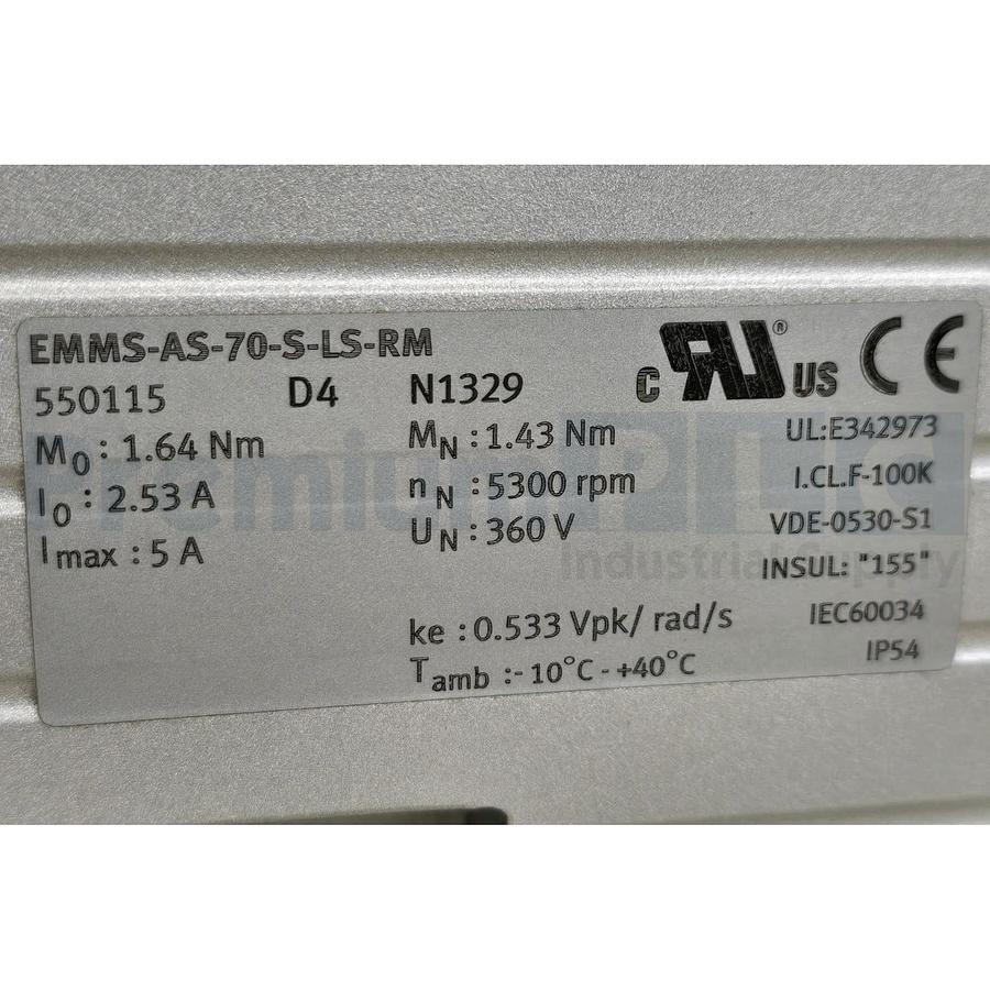Festo 550115 | EMMS-AS-70-S-LS-RM Synchronous Servo Motor 360VDC 0.866kW NSMP