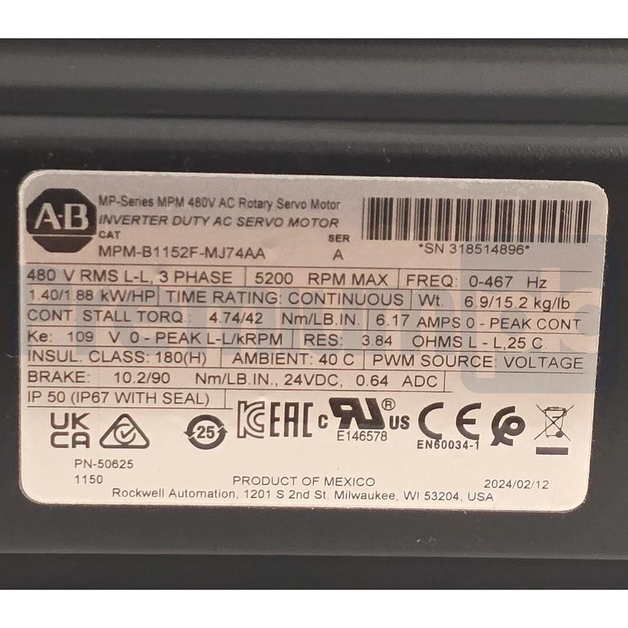 Used Surplus Allen Bradley MPM-B1152F-MJ74AA /A Kinetix MPM Servo Motor 480V w/Brake
