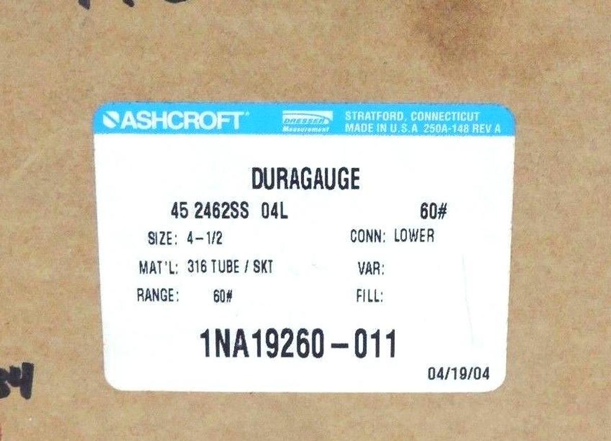 Used NIB ASHCROFT 45-2462-SS-04L-60 DURAGAUGE 4-1/2'', 1NA19260-011, 452462SS04L60