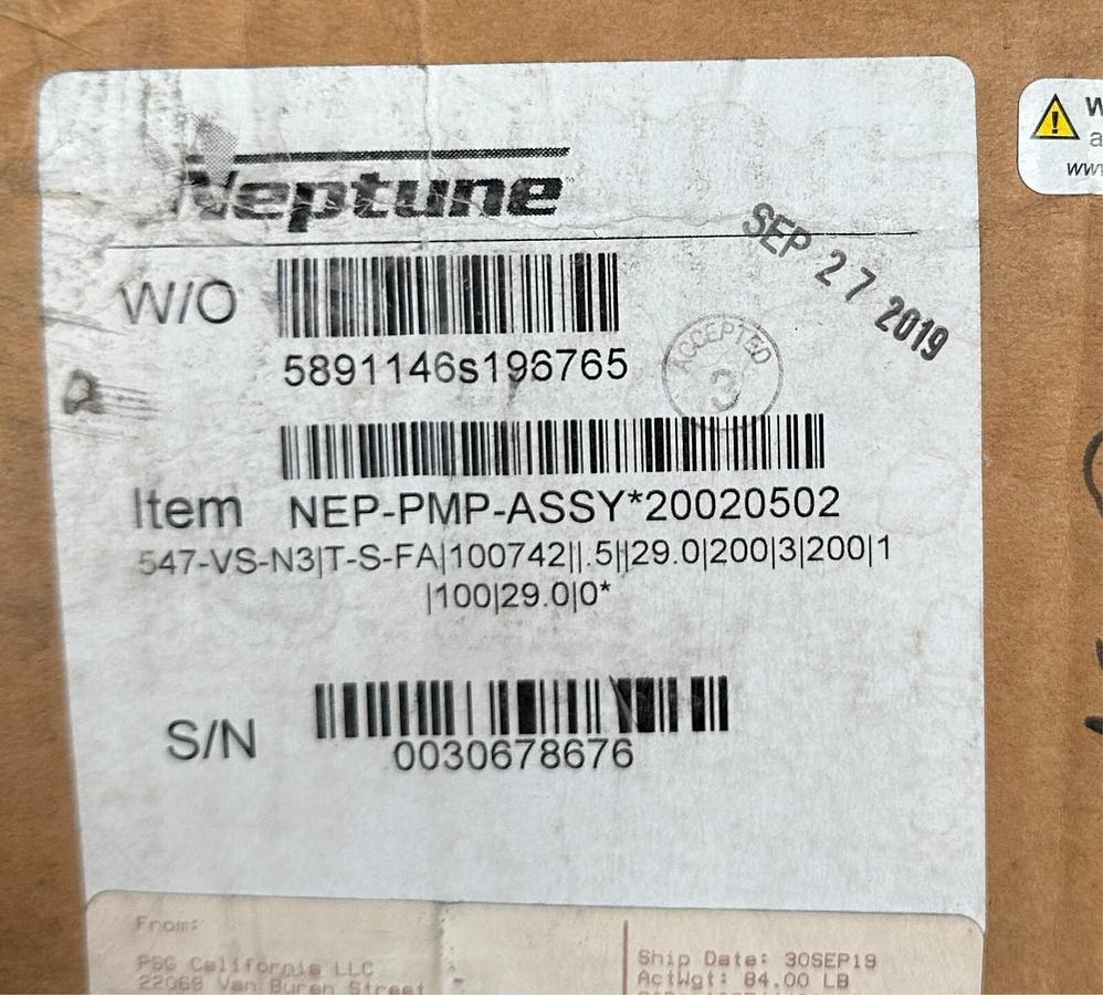 Used NEW NEPTUNE 547-VS-N3 / 547-VS-N3-T-S-FA-100742 HYDRAULIC PUMP W/ OPTIONS NSMP