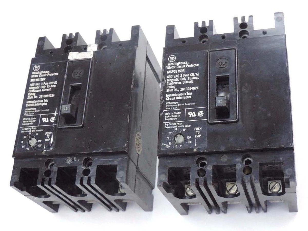 Used LOT OF 2 WESTINGHOUSE MPC03150R CIRCUIT BREAKERS STYLE NO. 2610D54G24, 15 AMP.