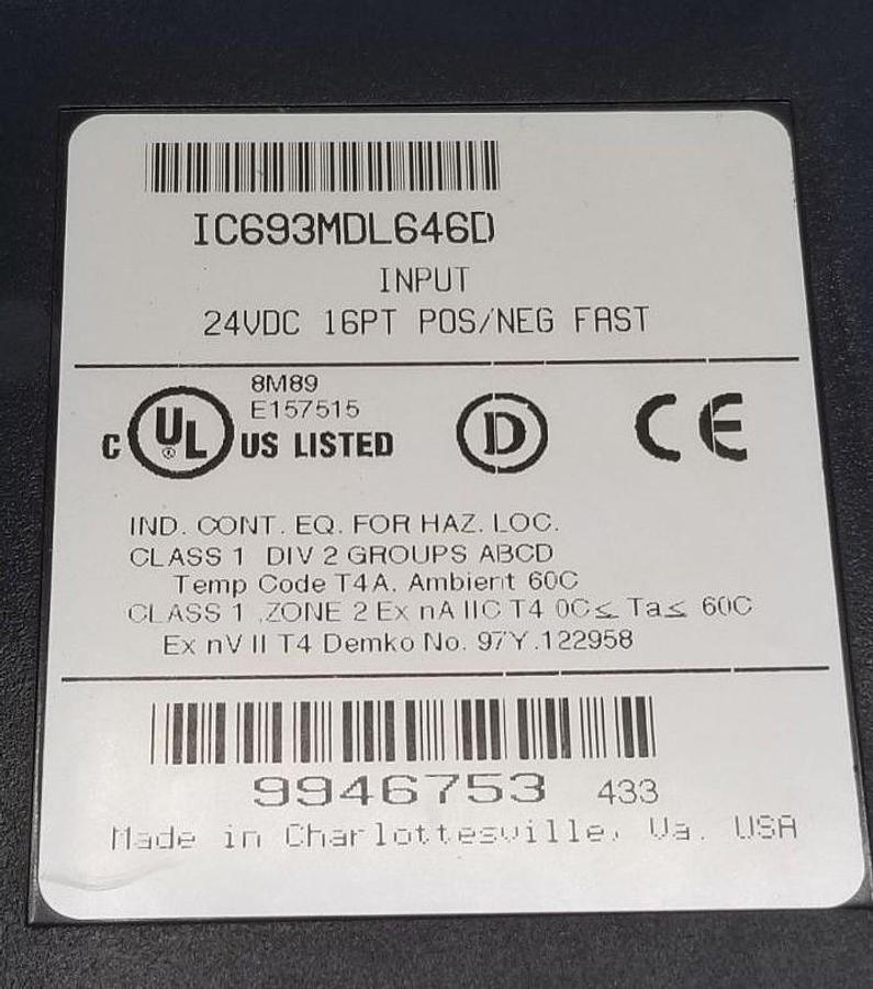 Used GE FANUC IC693MDL646D INPUT MODULE 24VDC, 16PT, IC693MDL646