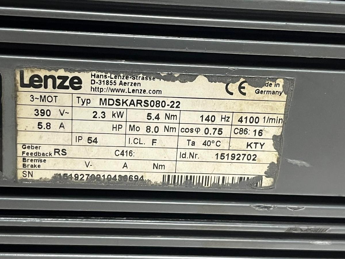Used Lenze MDSKARS080-22 Servo Motor 2.3kW 4100 RPM w/ GST06-2A VCR 080C22 Gearbox