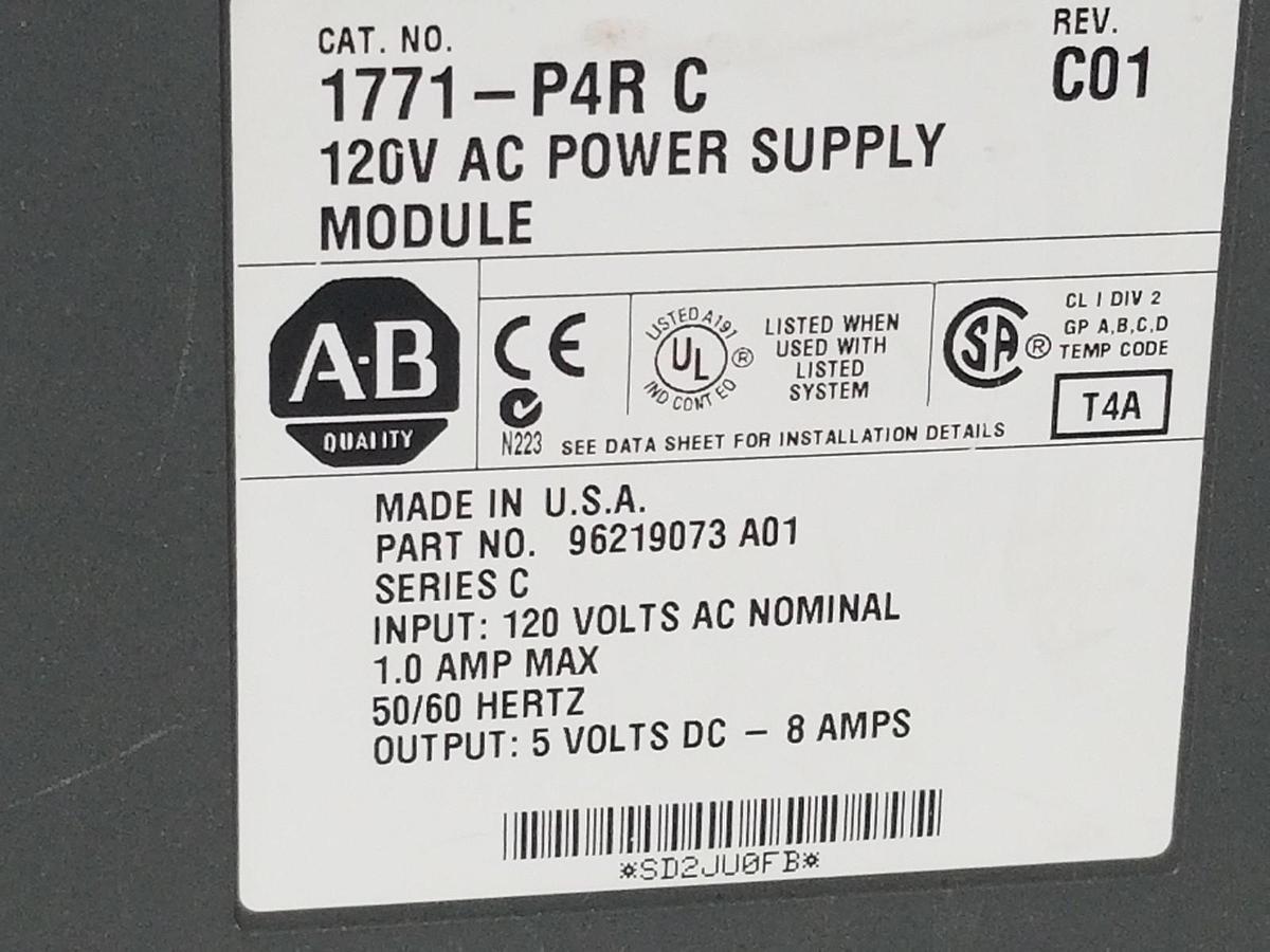 Used ALLEN BRADLEY 1771-P4R C POWER SUPPLY 120V AC MODULE, REV. C01, 96219073 A01