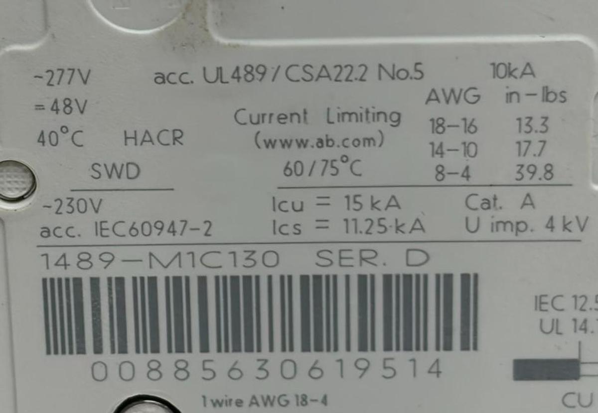Used Allen Bradley 1489-M1C130 1 Pole 13A Miniature Circuit Breaker Series D UL489
