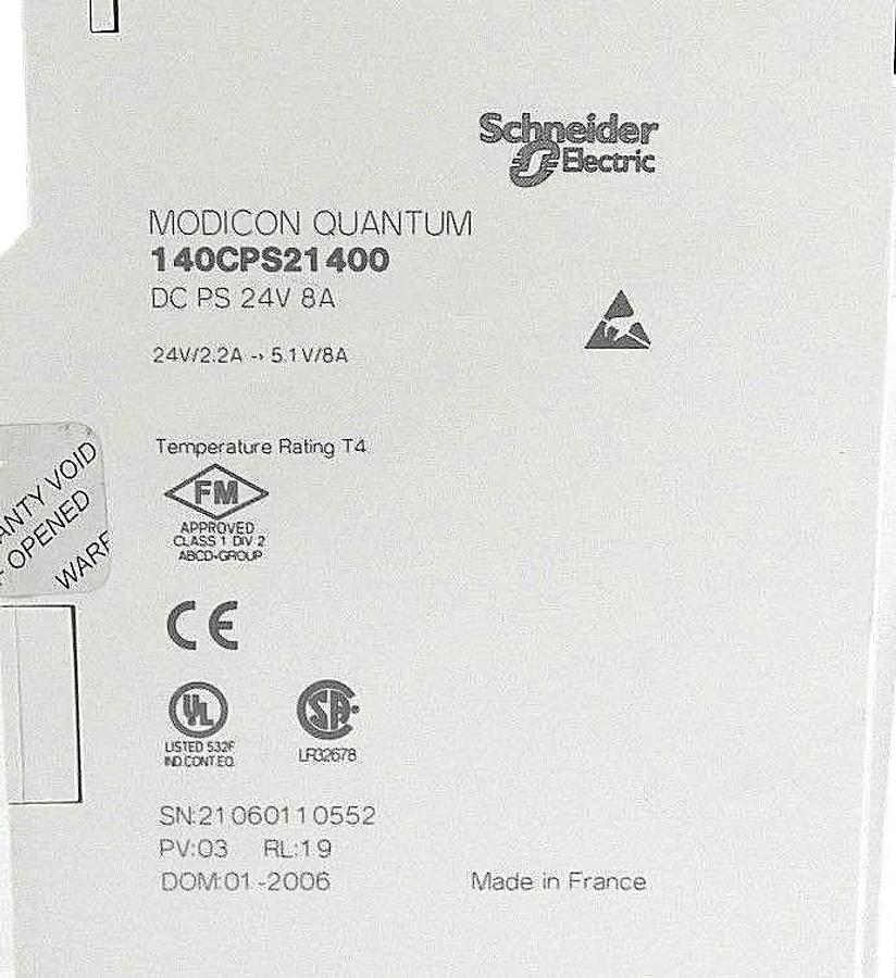 Used SCHNEIDER MODICON 140CPS21400 POWER SUPPLY 8AMP 24VDC, PV: 03, RL: 19