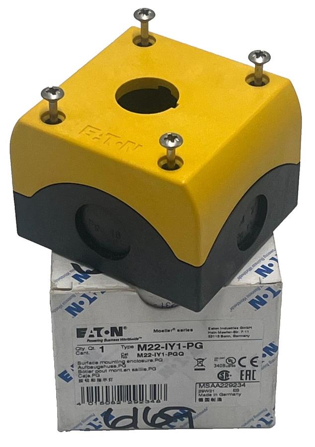 Used EATON M22-IY1-PG Yellow Pushbutton Enclosure 1 Hole 22mm NEMA 4X IP67 NSMP