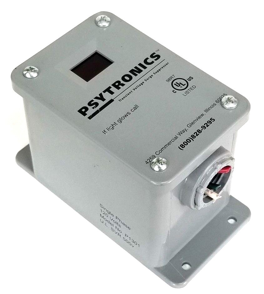 Used PSYTRONICS P1301 SINGLE PHASE SURGE SUPPRESSOR 120 VOLTS, U.L. SVR 500V