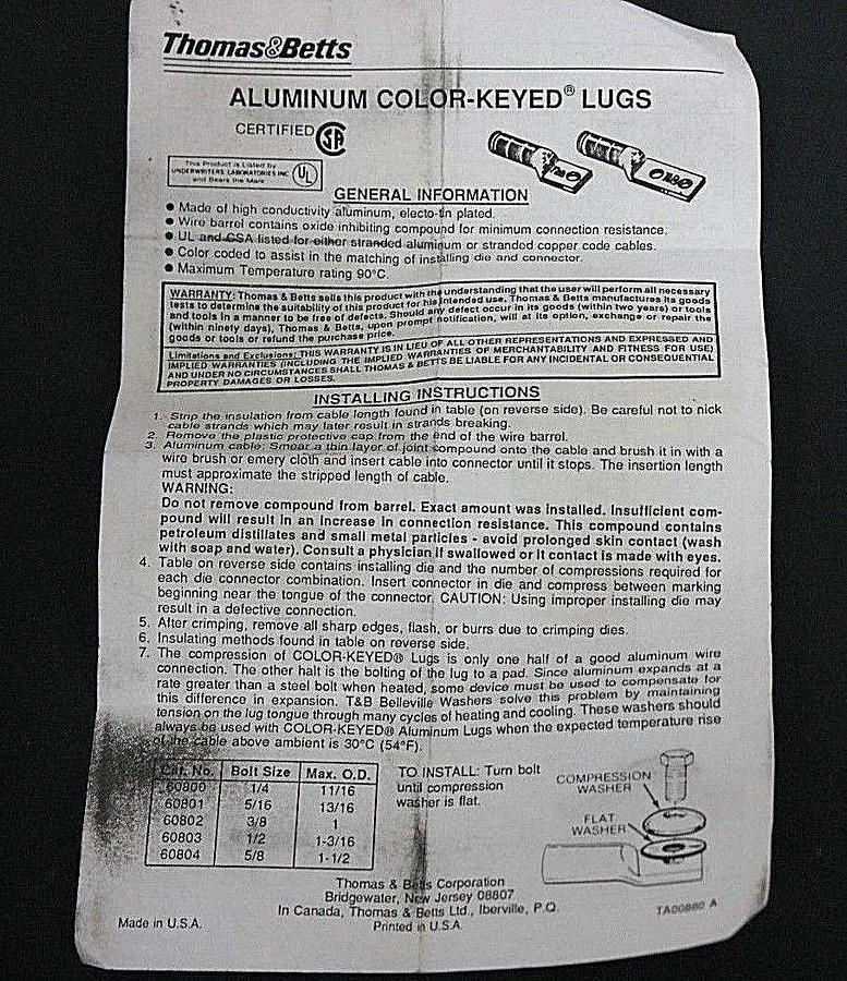 LOT OF 3 ILSCO CRA1000MCM ALUMINUM COMPRESSION LUGS DIE #18 WHITE CRAIOOOMCM