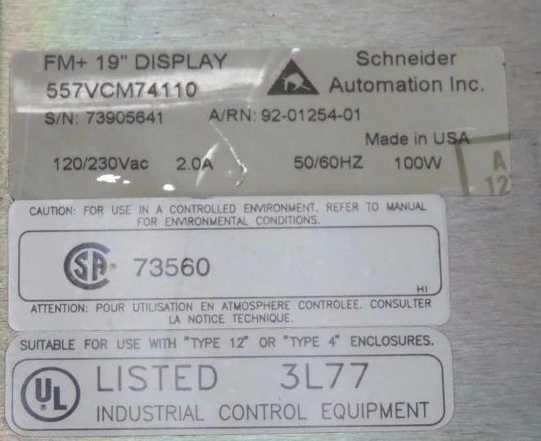 Used SCHNEIDER AUTOMATION 557VCM74110 OPERATOR INTERFACE FM+ 19" DISPLAY 92-01254-01