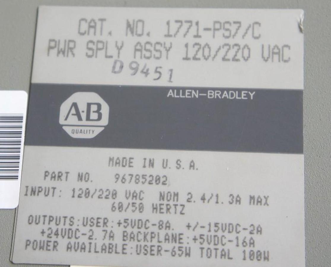 Used REPAIRED ALLEN BRADLEY 1771-PS7/C POWER SUPPLY MODULE P/N 96785202 120/220 VAC