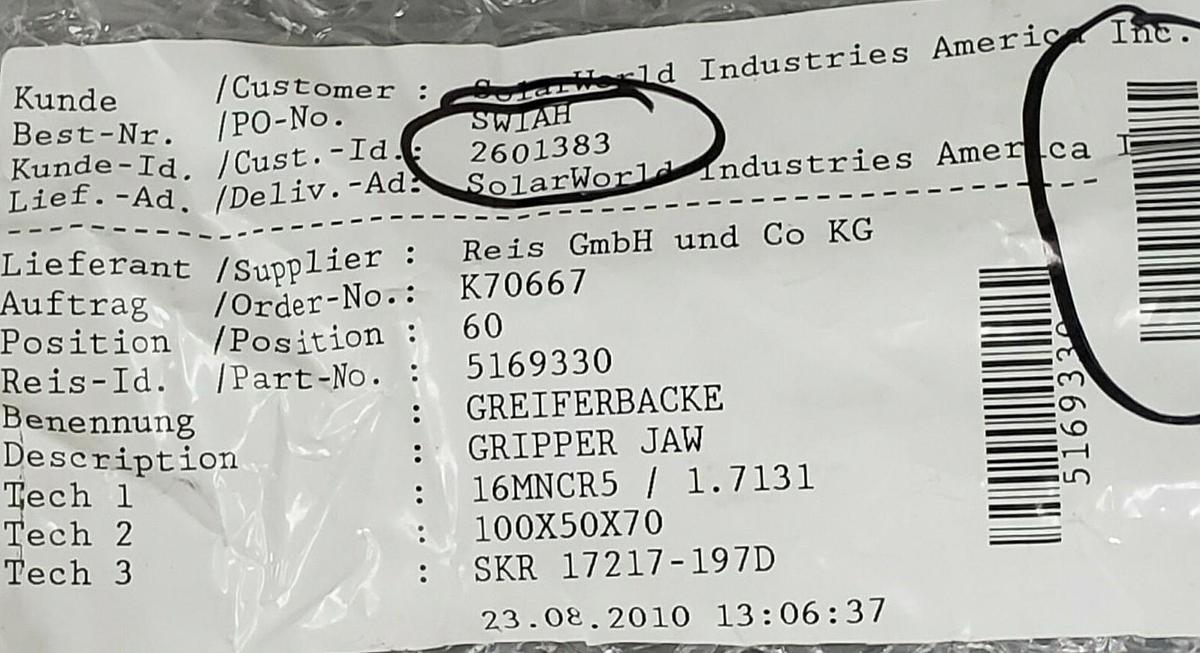 Used NEW REIS ROBOTICS USA IDENT. NO: 5169330 GRIPPER JAW 16MNCR5 / 1.7131