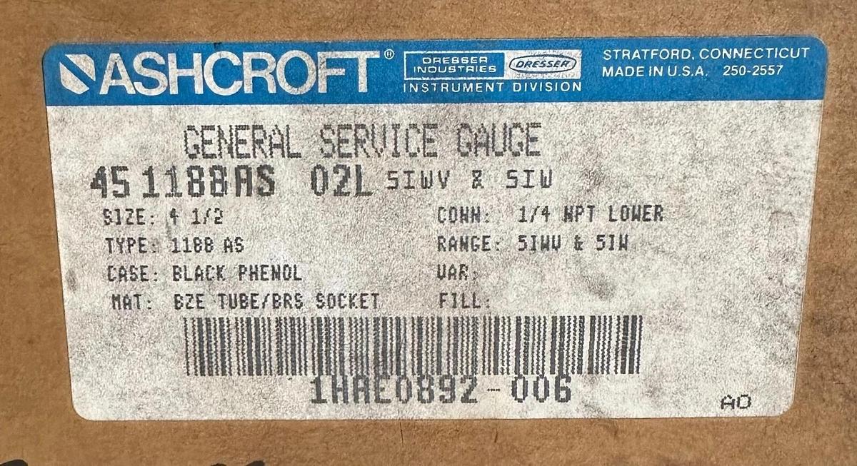NEW ASHCROFT 451188AS 02L GENERAL SERVICE GAUGE 4-1/2'' 5IWV & 5IW BLACK 1188 AS