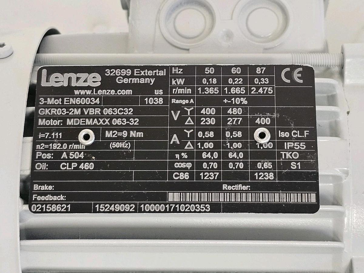 Used LENZE GKR03-2M VBR 063C32 GEAR MOTOR MDEMAXX 063-32 3-MOT EN60034 NSNP