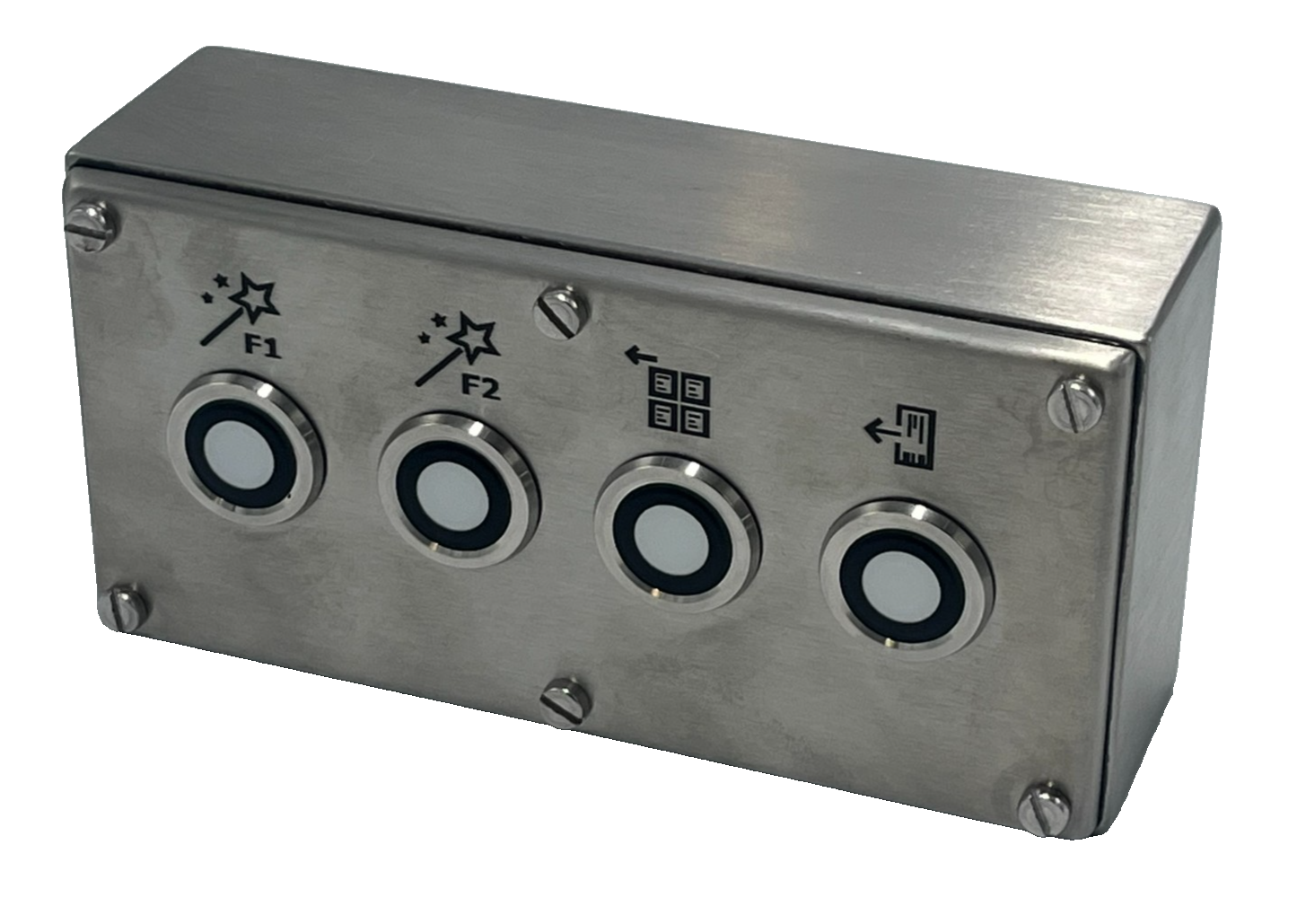 Used NEW STAINLESS STEEL 4 PUSH-BUTTON CONTROL ENCLOSURE BOX 7-1/8" X 3-1/2" X 2-1/4"