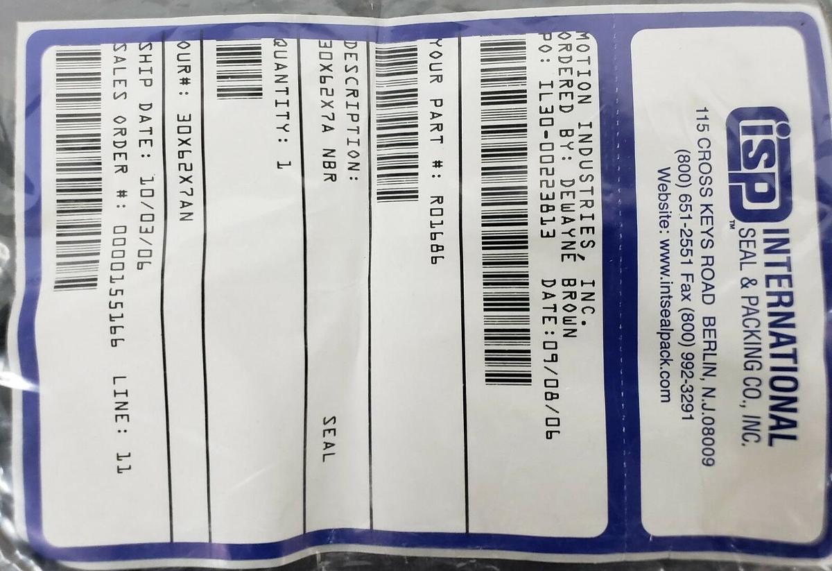 NEW ISP INTERNATIONAL SEAL & PACKING 30X62X7 OIL SEAL 30X62X7A NBR