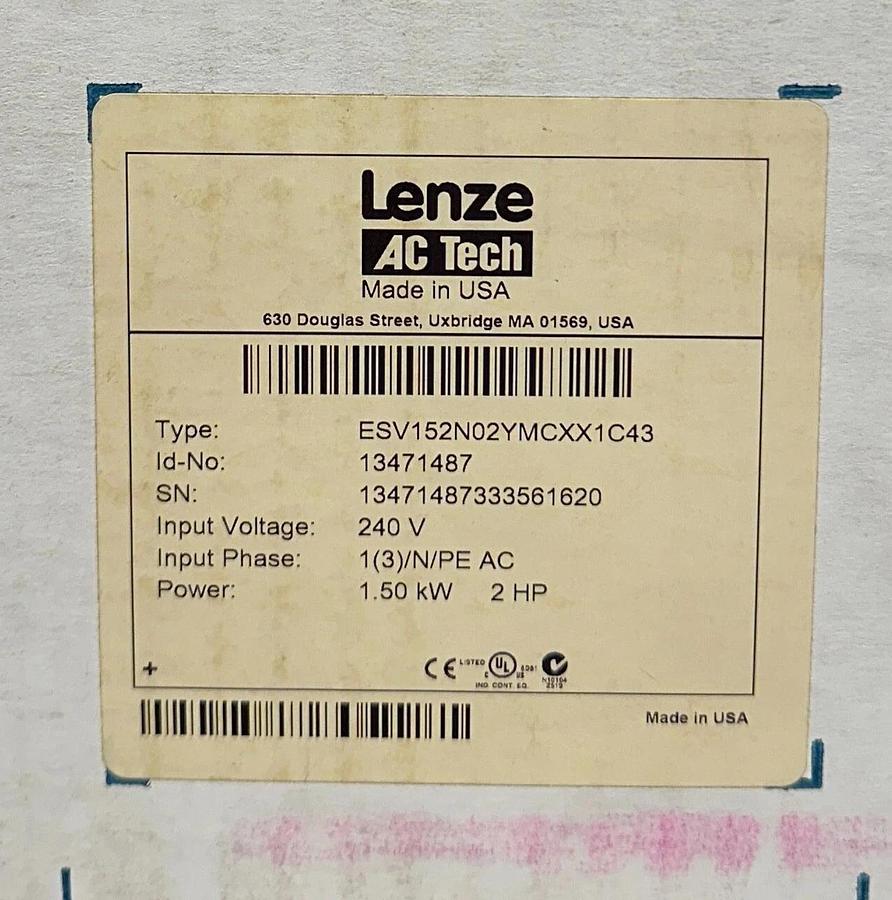 LENZE AC TECH ESV152N02YMC / 13471487 SMVector 1.5kW/2HP ESV152N02YMCXX1C43 NSMP