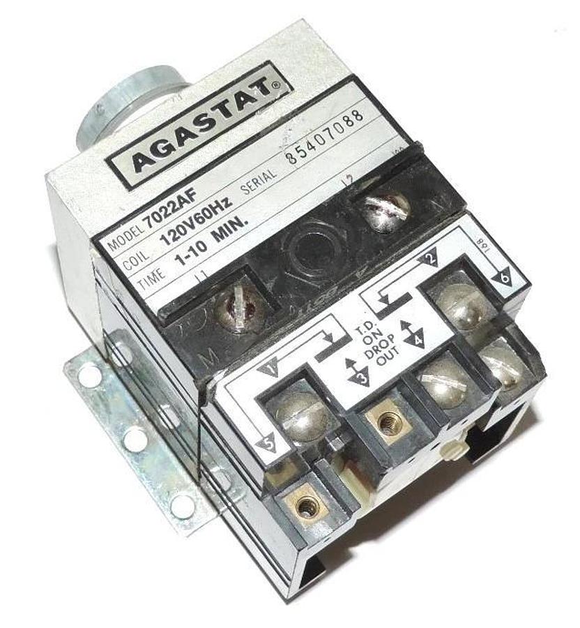 Used LOT OF 4 AGASTAT 7022AF TIME DELAY RELAYS, 120 V, 60 HZ, 1-10 MINUTES, W/O DIALS