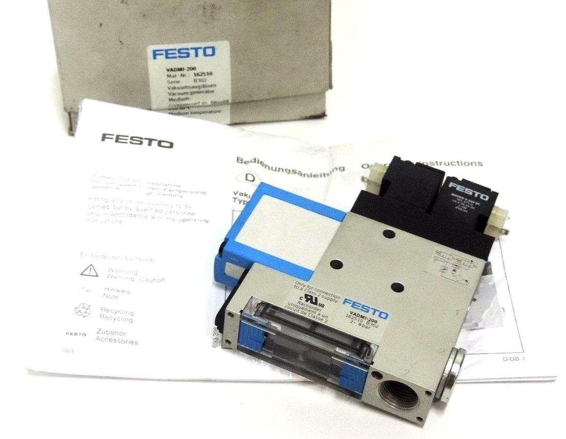 Used NIB FESTO ELECTRIC VADMI-200 VACUUM GENERATOR WITH MS0EB-3-24V DC COILS