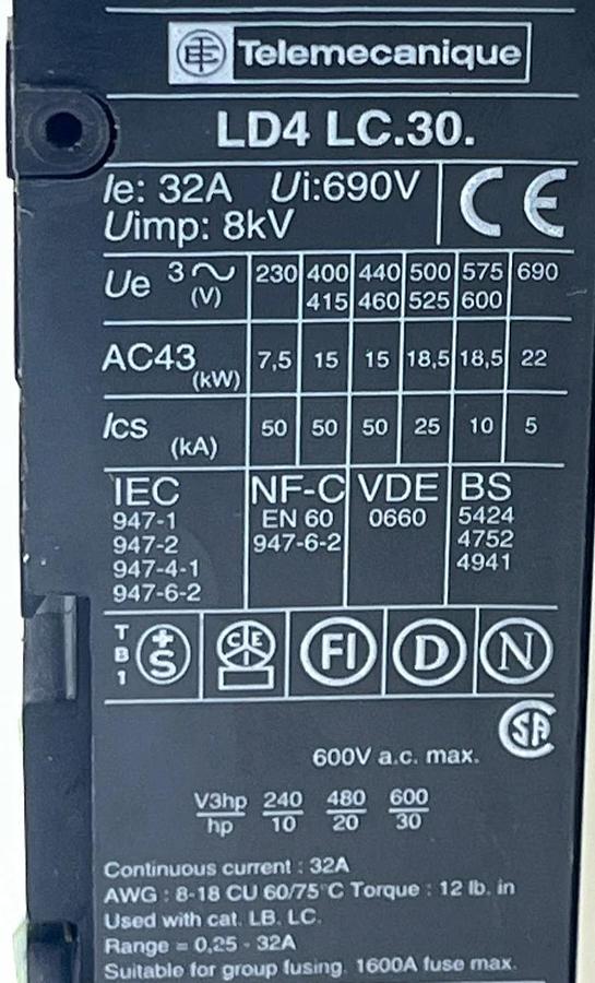 Used Telemecanique LD4-LC130BD Starter | LB1-LC03M22 Overload | LA1-LC025 Aux | 24VDC