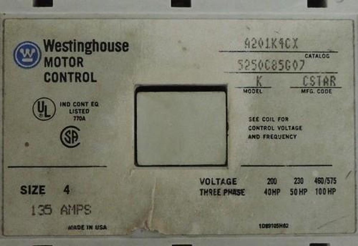 Used WESTINGHOUSE A201K4CX STARTER SIZE 4 MODEL K MFG CODE CSTAR 135AMP