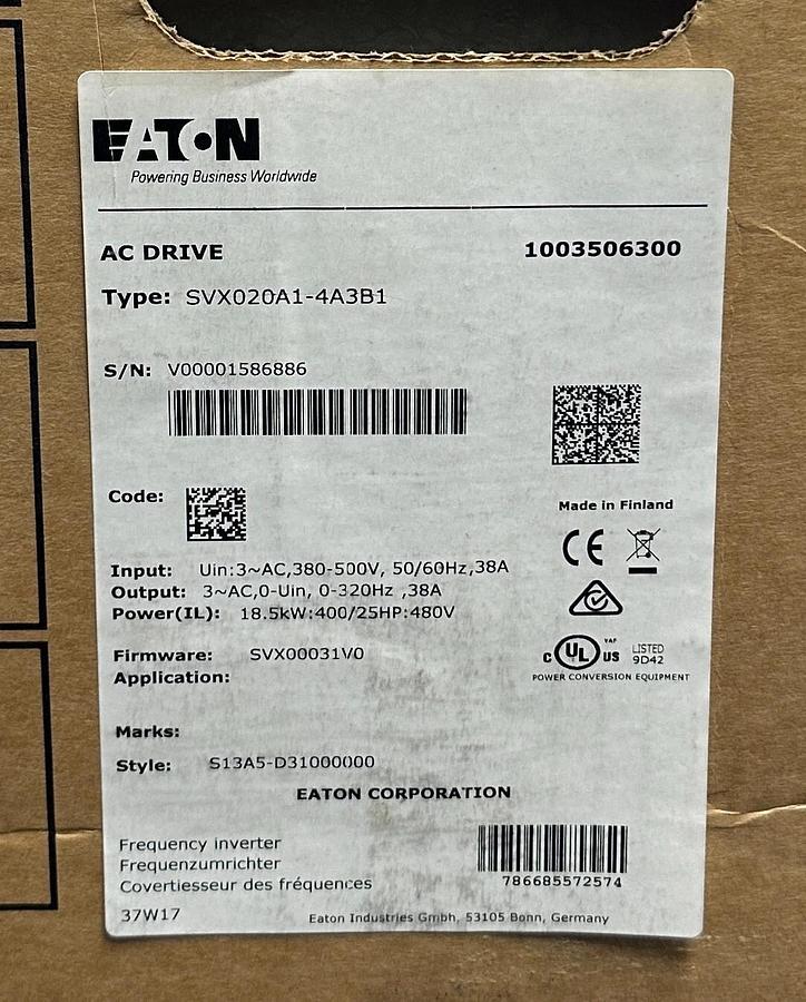 EATON SVX020A1-4A3B1 / SVX020A14A3B1 SVX9000 AC INVERTER DRIVE 18.5kW/25HP NSMP