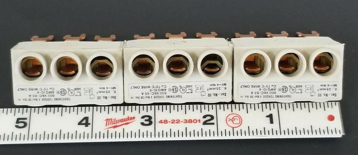 Used LOT OF 3 MOELLER BK25/3-PKZM1 CONNECTOR FEEDER TERMINALS 63AMP, 3P, 690VAC, 6KV