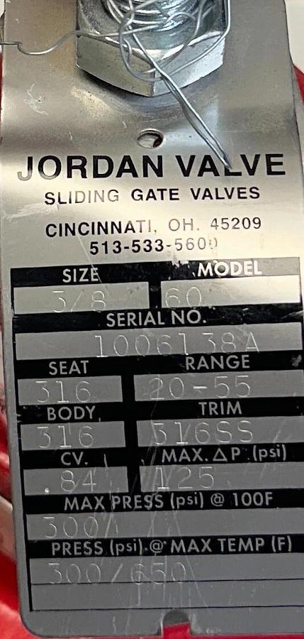 Used JORDAN VALVE TOKO VALEX MODEL 60 SLIDING GATE VALVE 3/8'' 126541/99-09 USNP