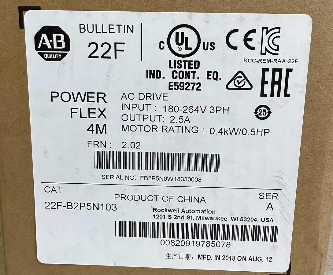 Used NEW SEALED ALLEN BRADLEY 22F-B2P5N103 /A PowerFlex 4M AC DRIVE 0.4kW/0.5HP 2018