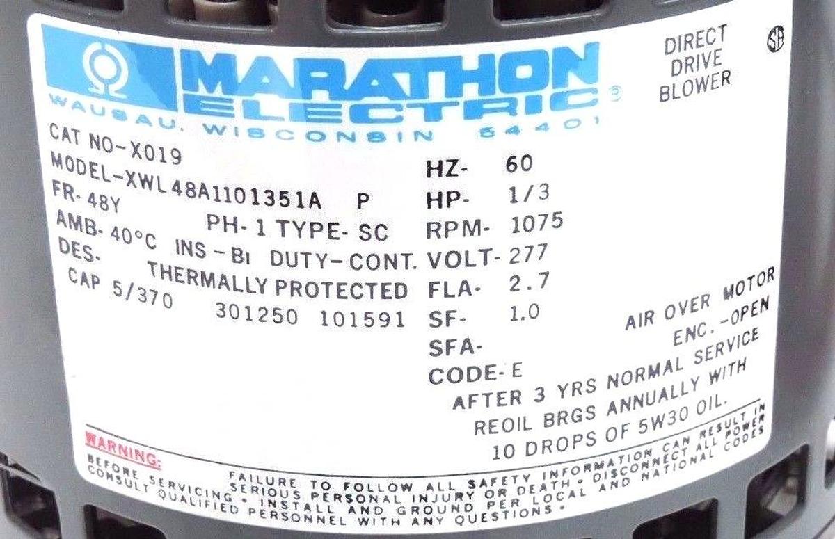 Used NIB MARATHON ELECTRIC X019 DIRECT DRIVE MOTOR XWL48A1101351A 1/3HP, 1075RPM