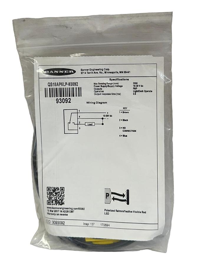 Used BANNER QS18AP6LP-93092 / 93092 WORLD-BEAM PHOTOELECTRIC SENSOR 10-30VDC NSMP