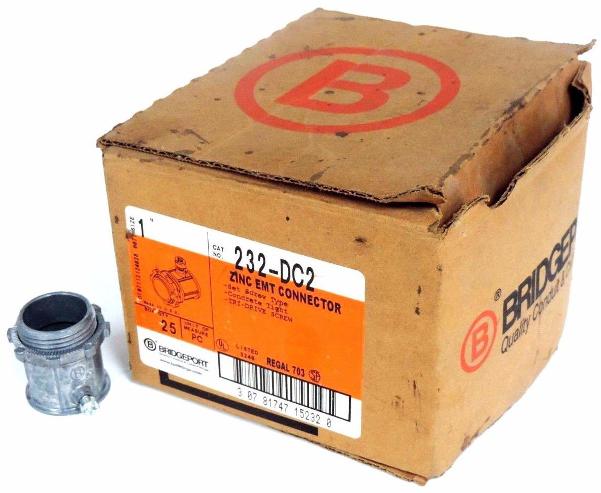 Used BOX OF 20 NEW BRIDGEPORT 232-DC2 1" ZINC EMT CONNECTORS 232DC2