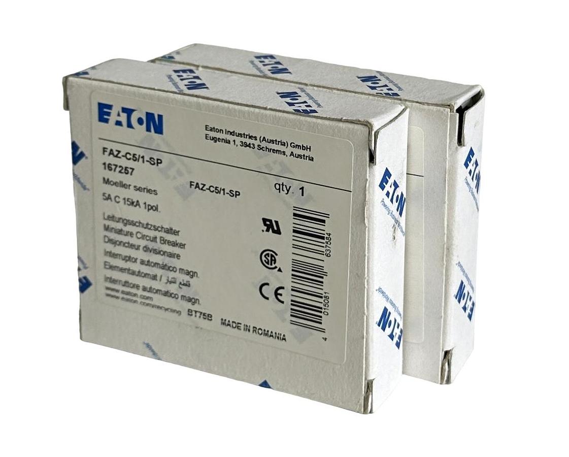 Used 2 NEW EATON FAZ-C5/1-SP / 167257 MOELLER SERIES 5A CIRCUIT BREAKER 1POL 15kA