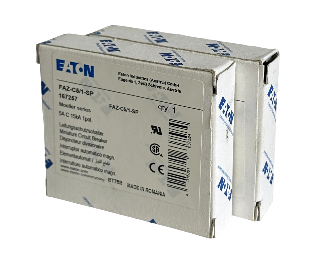 Used 2 NEW EATON FAZ-C5/1-SP / 167257 MOELLER SERIES 5A CIRCUIT BREAKER 1POL 15kA