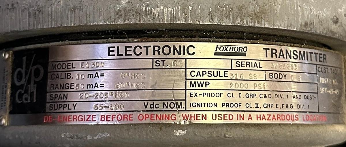 Used FOXBORO E13DM ELECTRONIC PRESSURE TRANSMITTER 65-100VDC 2000PSI 316SS CS BODY