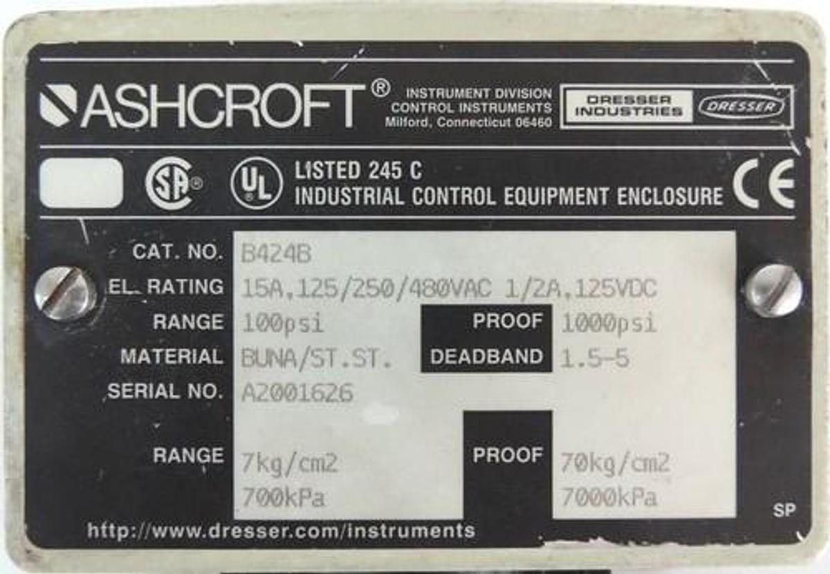 Used ASHCROFT B424B SNAP ACTION PRESSURE SWITCH , W/ TYPE 320, DIAPHRAGM 316L SENSOR
