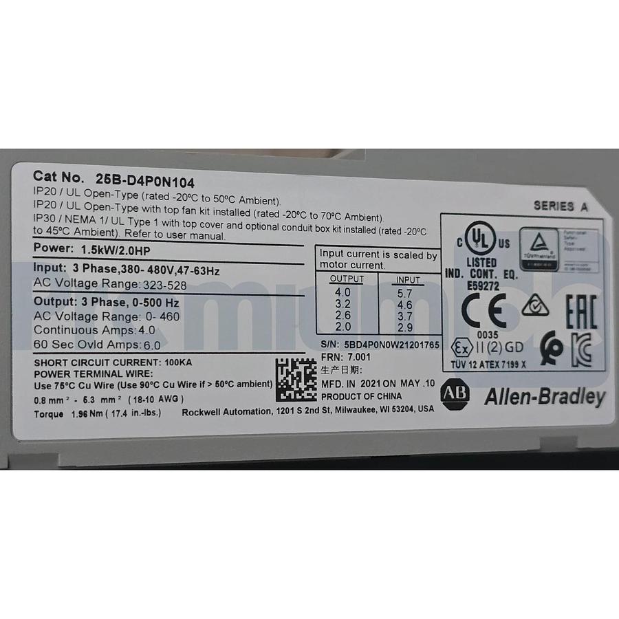 Allen Bradley 25B-D4P0N104 /A PowerFlex 525 AC Drive ENet/IP 2HP FRN. 7.001 NSMP 884951885882