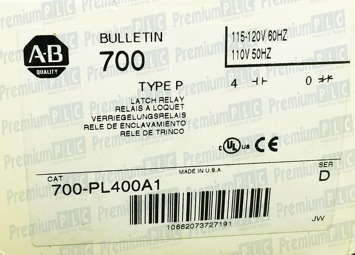 Used NIB ALLEN BRADLEY 700-PL400A1 SER. D TYPE P LATCH RELAY 110/120VAC 700PL400A1