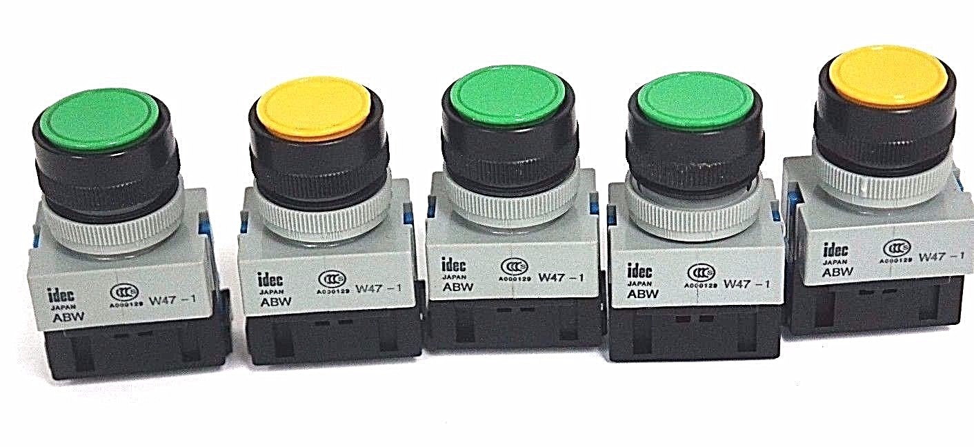 Used LOT OF 5 NEW IDEC ABW W47-1 PUSHBUTTONS ABWW471, W/ HW-C10 CONTACT BLOCKS