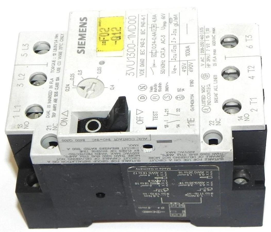 Used SIEMENS 3VU1300-1MD00 STARTER MOTOR PROTECTOR 0.24-0.40AMP 3POLE 3VU13001MD00
