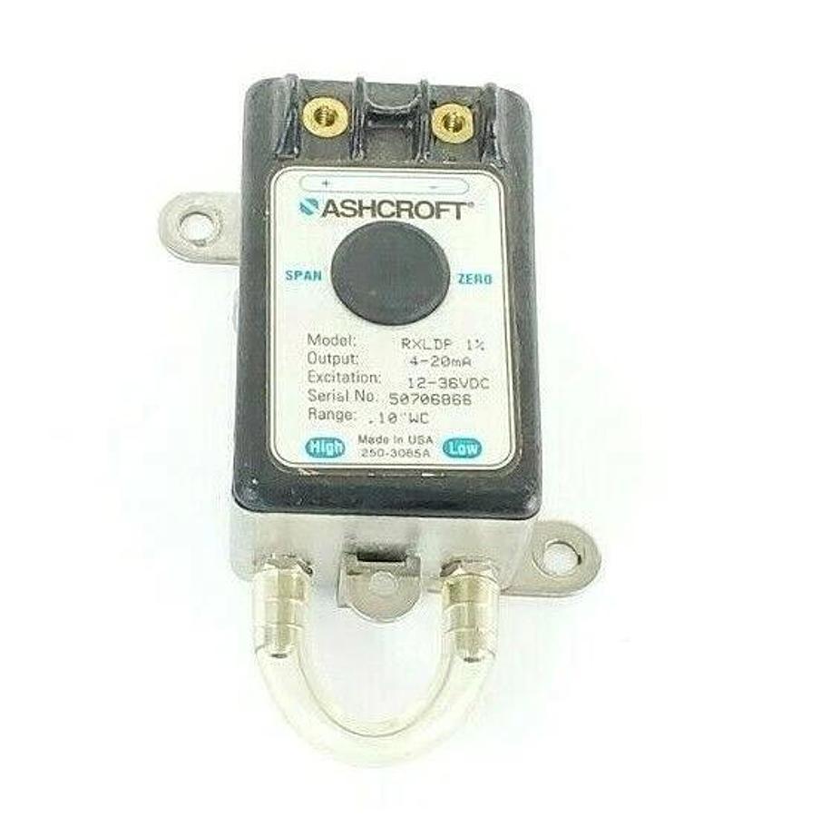 Used ASHCROFT RXLDP 1% PRESSURE TRANSMITTER 4-20mA, 12-36VDC, 0.10"WC RANGE
