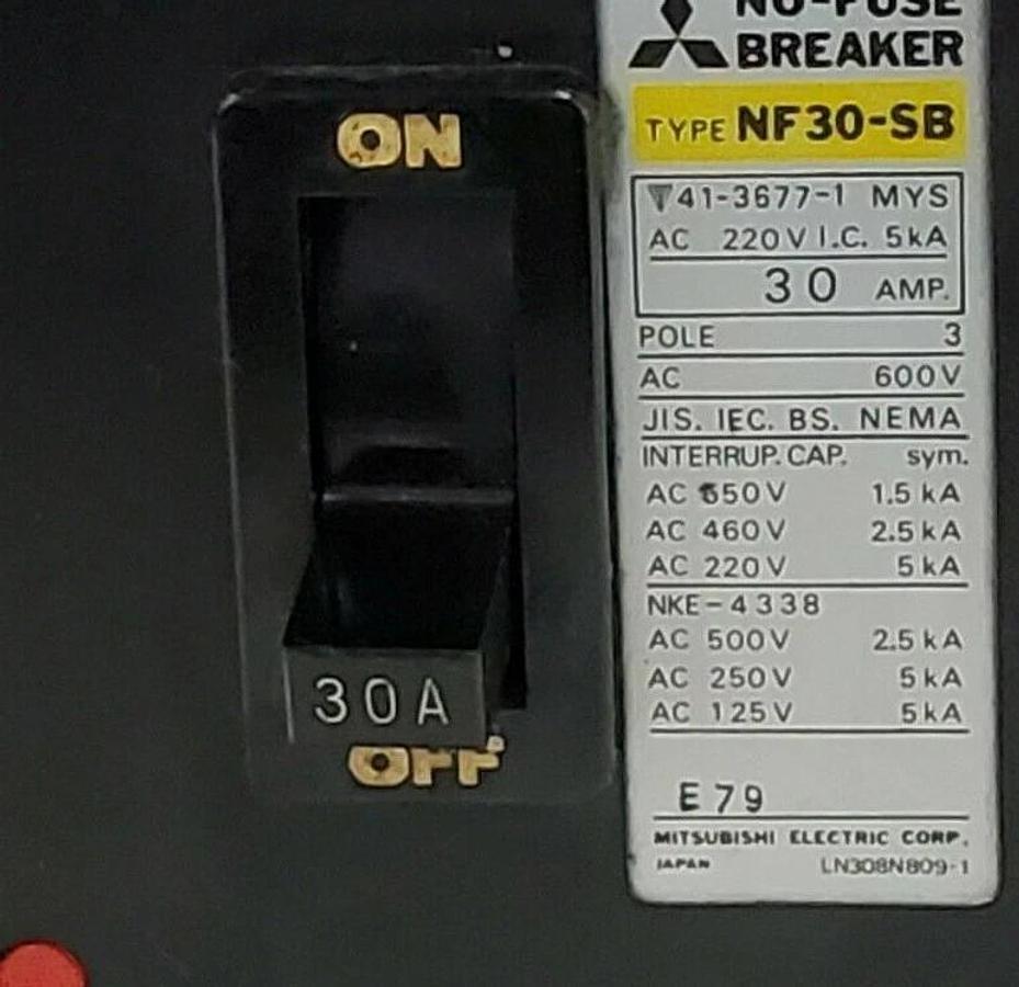 Used MITSUBISHI NF30-SB NO-FUSE CIRCUIT BREAKER 30A, 3-POLES, 600V