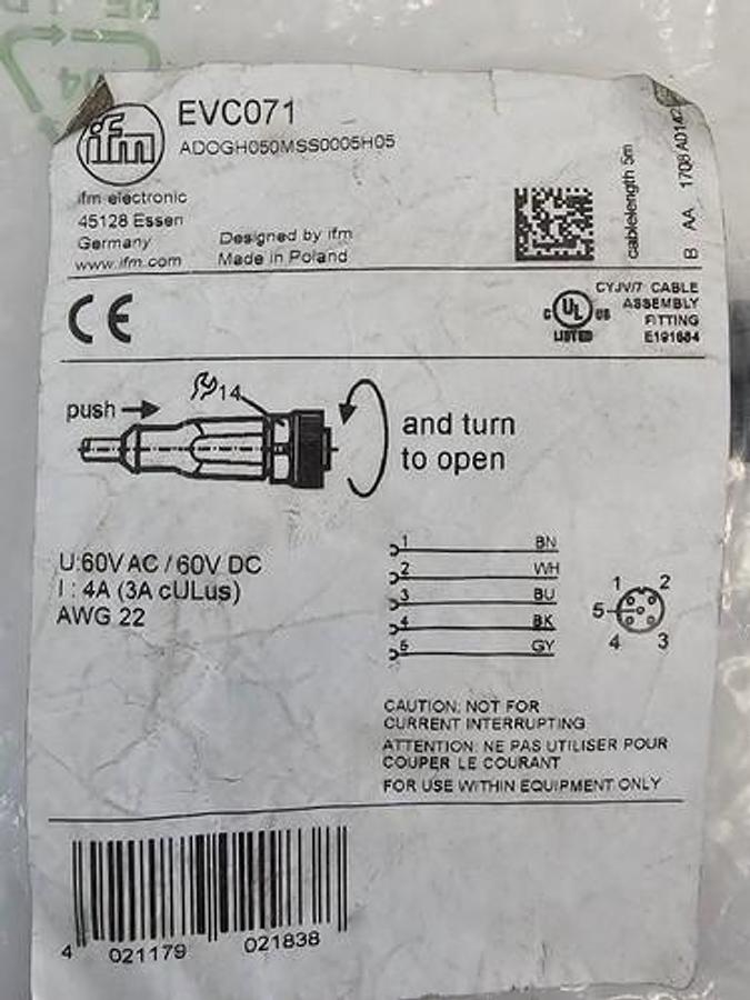NEW IFM ADOGH050MSS0005H05 CONNECTING CABLE EVC071